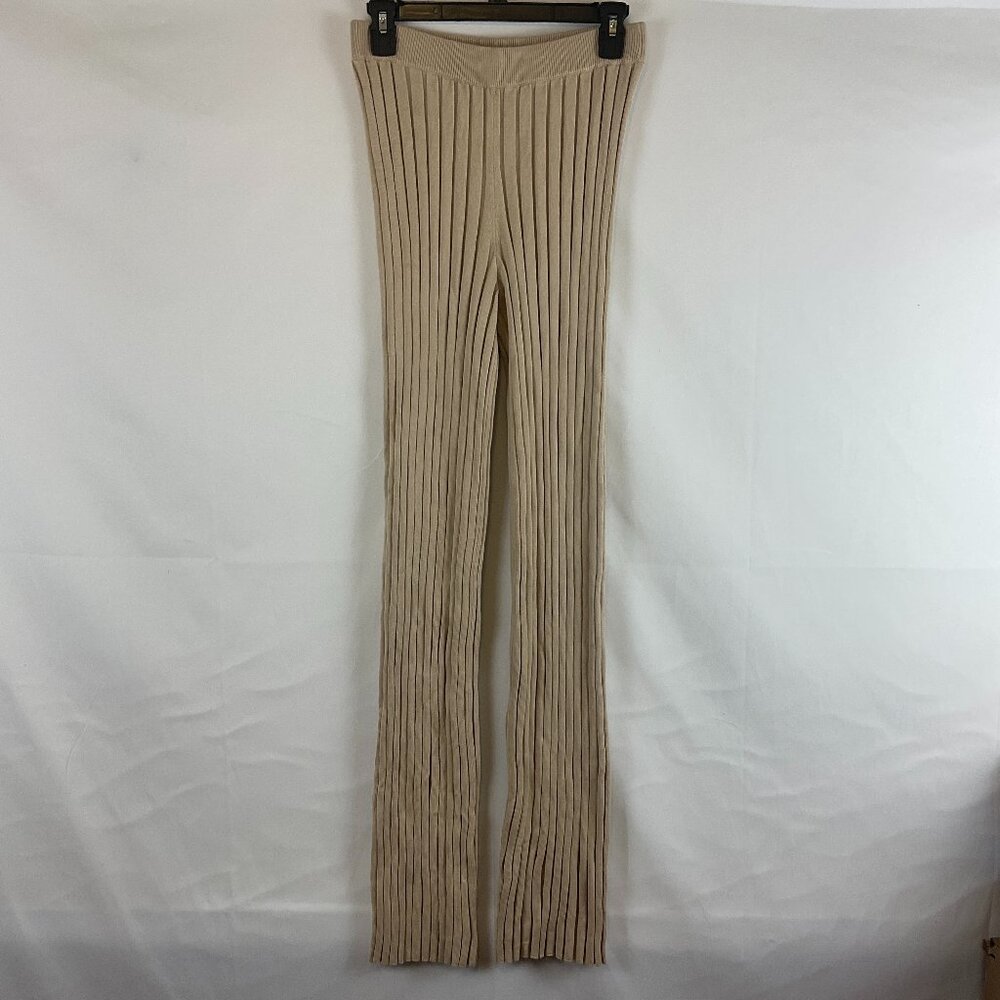 L'Academie Knit Pants S Beige Ribbed Pull On Flare Leg